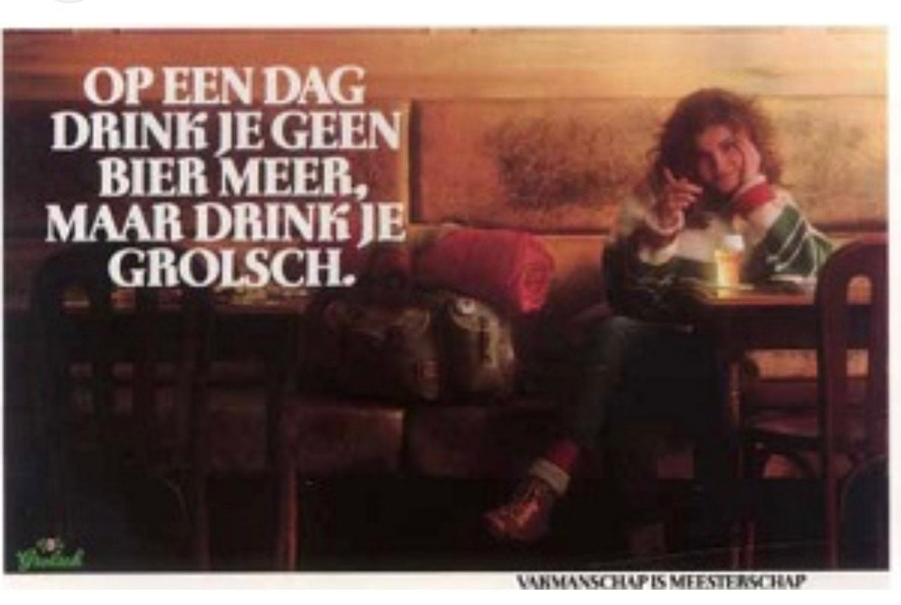 Vintage Grolsch Reclamebord: "Op een dag drink je Grolsch", Ophalen, Gebruikt, Reclamebord