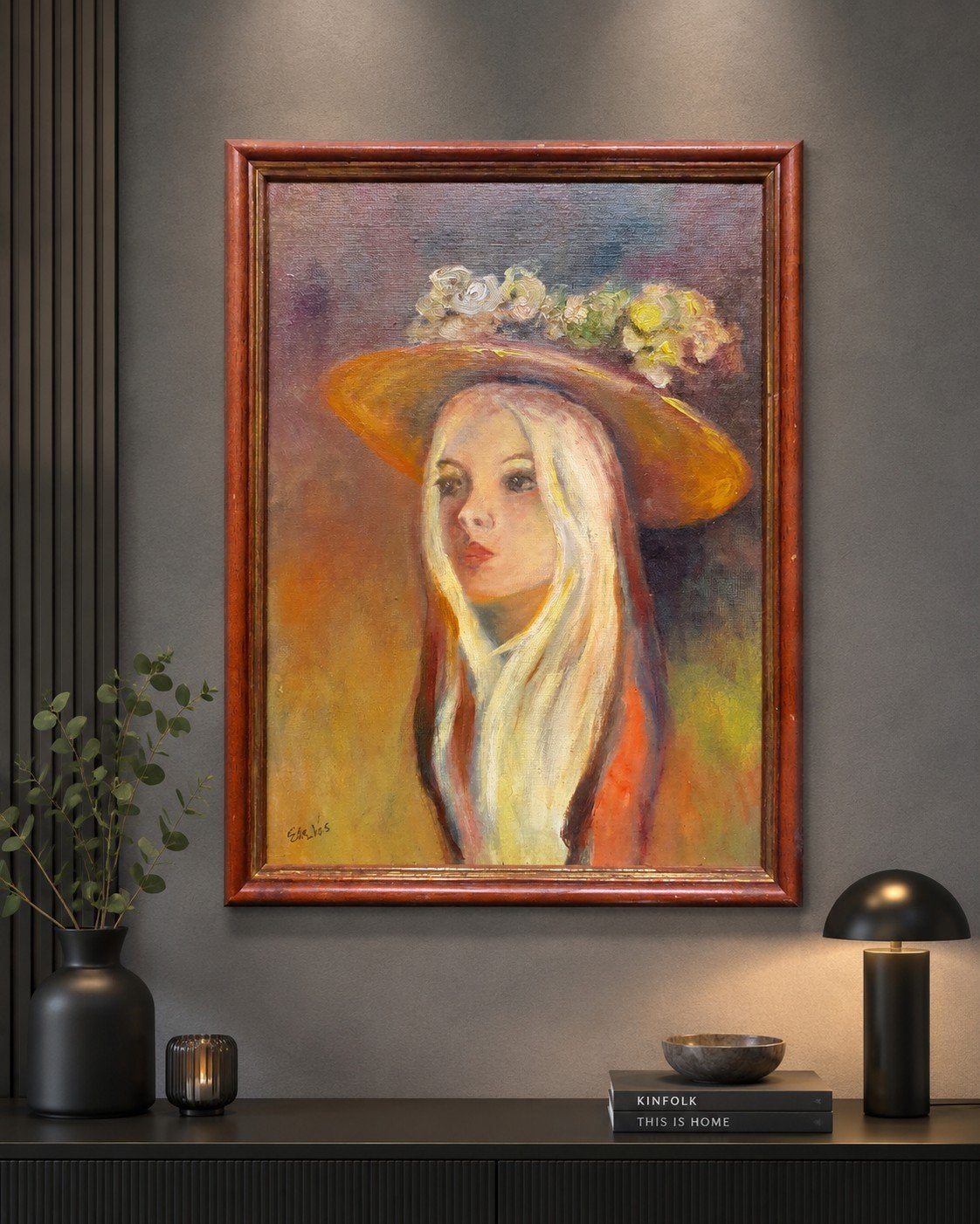 Olieverfschilderij: Portret van een vrouw met hoed, Doek, Portret of Personen, Realistisch, Ophalen of Verzenden