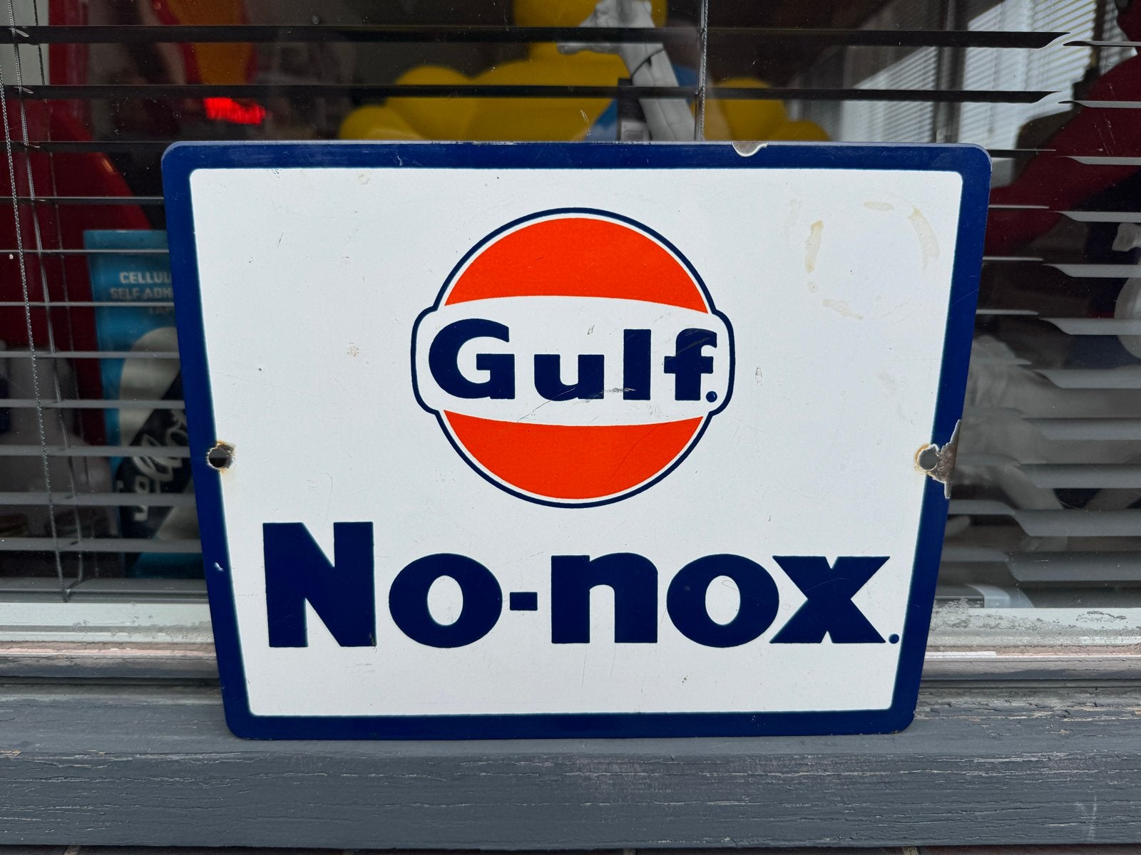 Vintage Gulf No-nox reclamebord Emaille, Reclamebord, Gebruikt, ., Ophalen of Verzenden