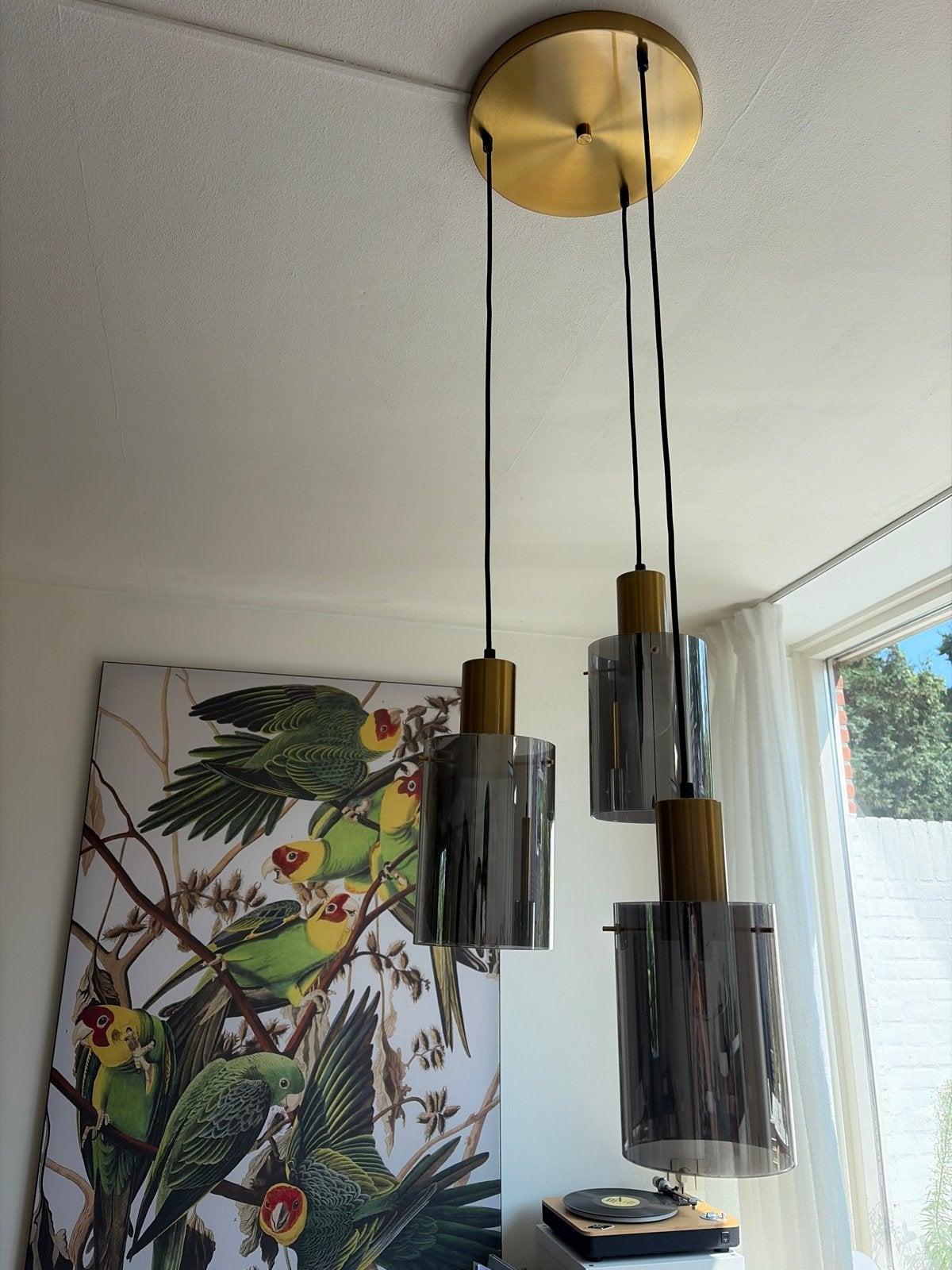 Moderne hanglamp messing met smoke glas 3-lichts - Vidra, Huis en Inrichting, Lampen | Hanglampen, Ophalen, Zo goed als nieuw