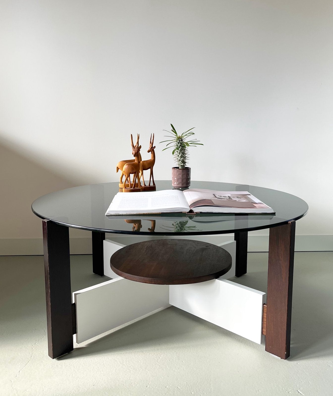 Vintage Space Age salontafel wengé/rookglas, jaren 60, Ophalen, Gebruikt, 50 tot 100 cm, Sixties, retro, jaren 60, midcentury