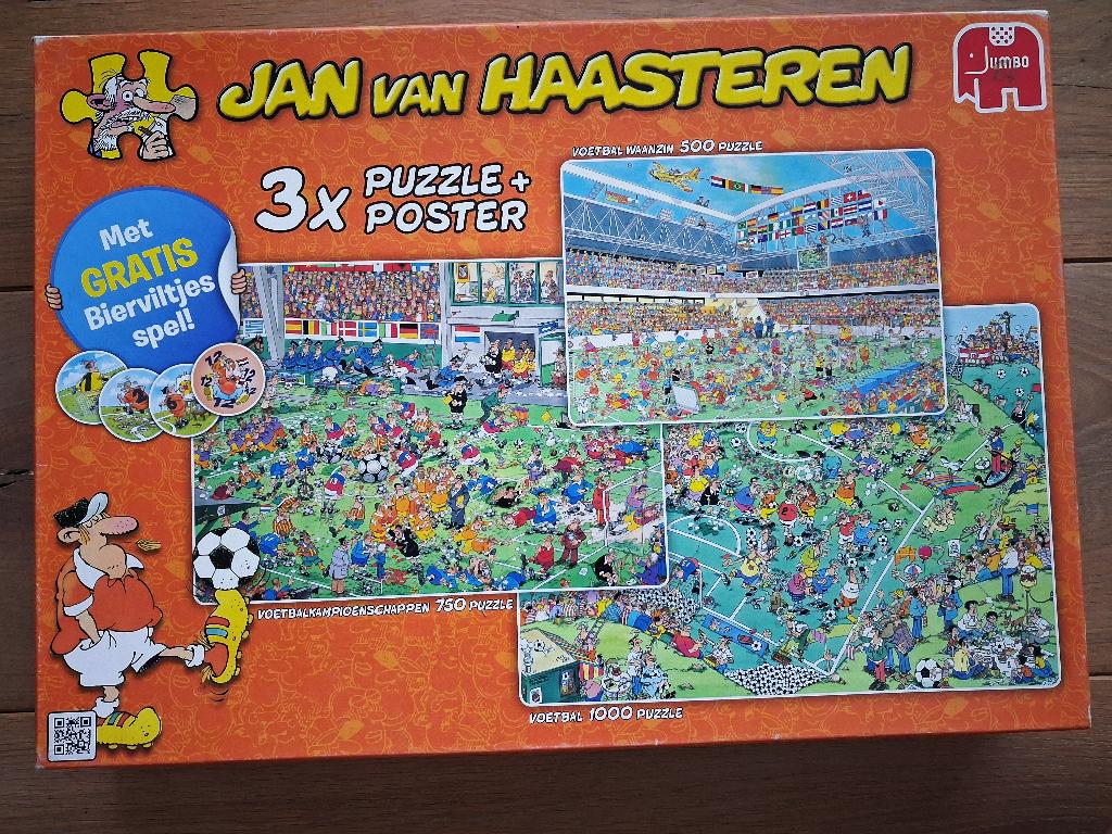3 Jan van Haasteren voetbal puzzels, Ophalen of Verzenden, 500 t/m 1500 stukjes, Zo goed als nieuw, Legpuzzel