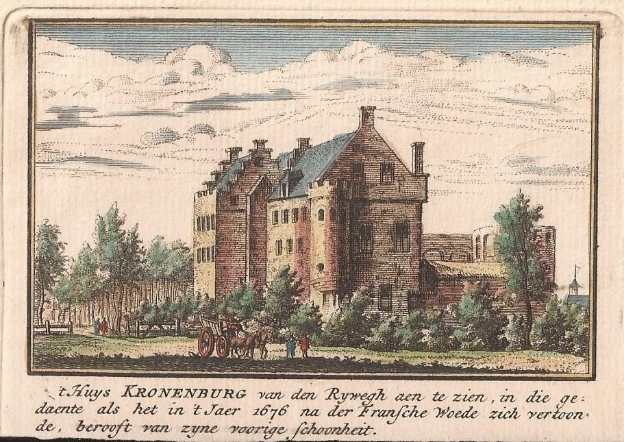 t Huys Kronenburg van den Rhywegh aen te zien 1676 gekleurd, Architectuur, Ophalen of Verzenden, Gravure, Met tekst