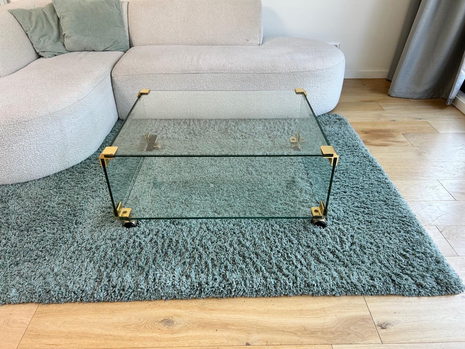 Glazen salontafel met gouden accenten - 75x94x40h, Ophalen, Gebruikt, 100 tot 150 cm, 50 tot 100 cm