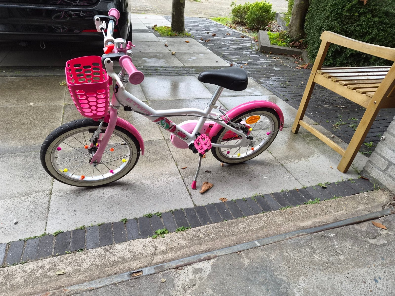 Roze kinderfiets B'Twin 16 inch met mandje en zijwieltjes, Ophalen, Zijwieltjes, Velgrem, B'Twin