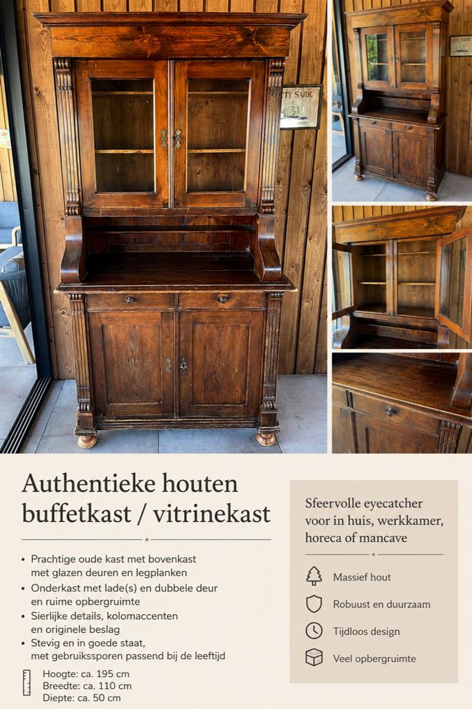 Authentieke Houten Buffetkast / Vitrinekast - ca. 1870-1900, Antiek en Kunst, Ophalen