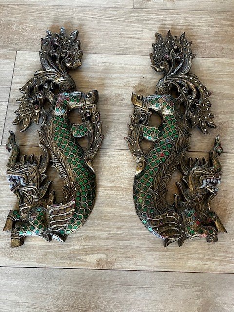 Thaise mytische figuren hout panelen set, 67 cm, Handgemaakt, Meerkleurig, Houtsnijwerk