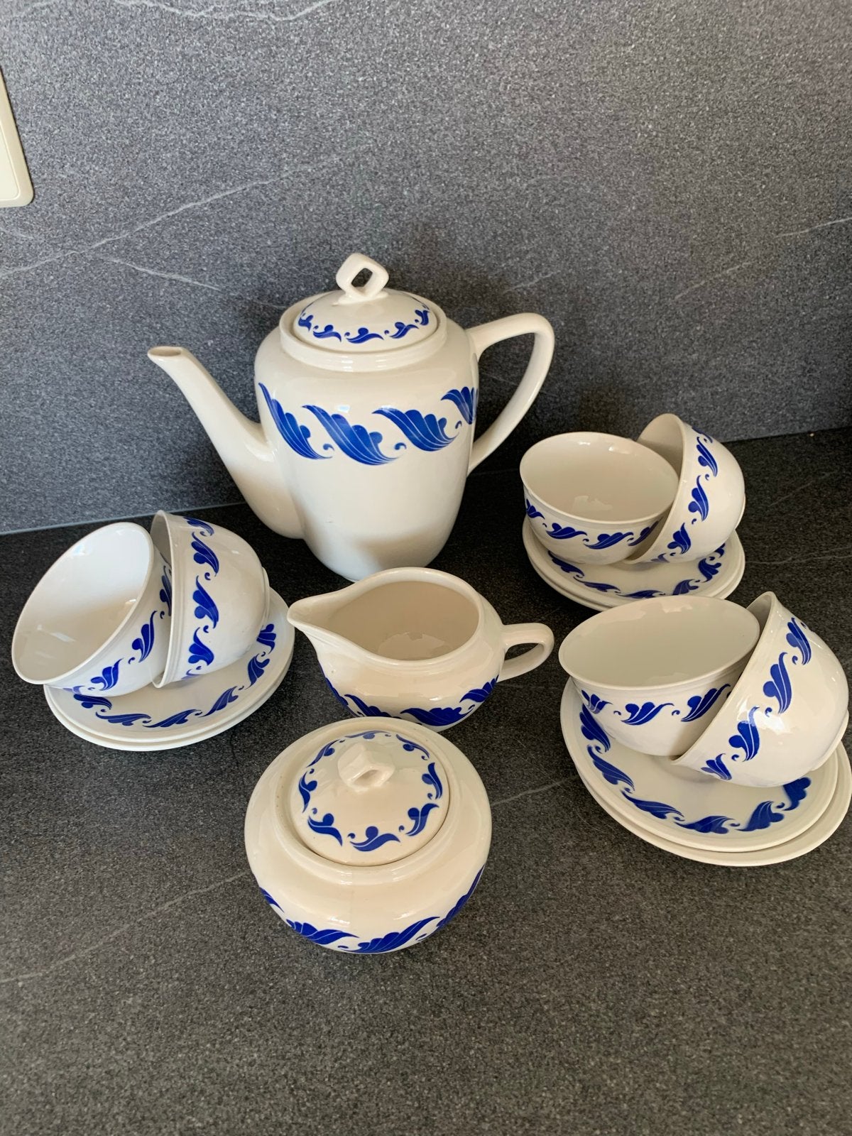 9-delig theeservies Boch - Wit met blauw decor., Ophalen of Verzenden