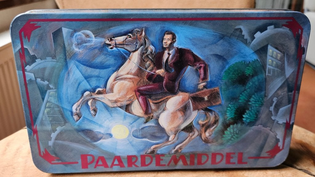 Uniek blik, art-deco ruiter & paard 'paardemiddel' 25x15x5, Ophalen of Verzenden, Gebruikt, Koek(jes), Overige merken