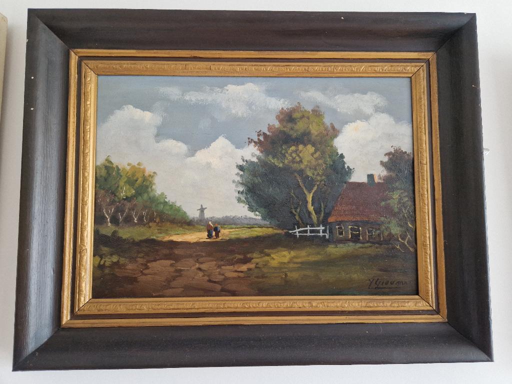 Schilderij Landweggetje met huis rechts molen de verte SCH49, Antiek en Kunst, Kunst | Schilderijen | Klassiek, Ophalen of Verzenden
