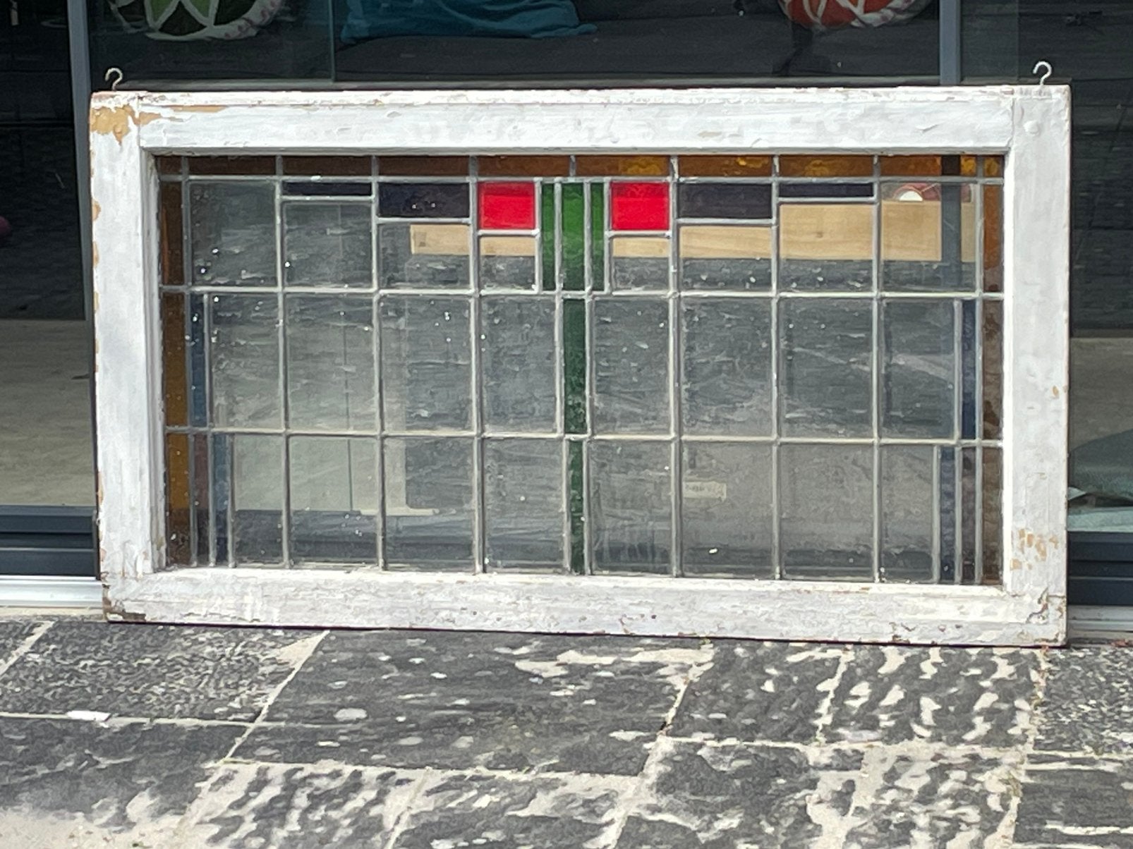 Glas in lood raam in kozijn, Antiek en Kunst, Ophalen