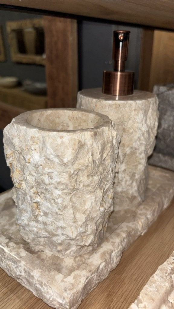 beker plus zeeppompje en plateau, Ophalen of Verzenden, Nieuw, Beige, Zeepdispenser/zeepbakje