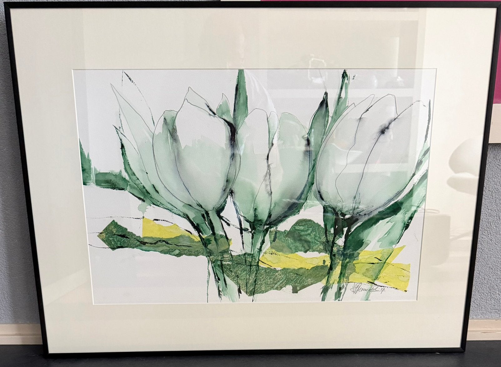 Fraaie aquarel van Ingrid Groeneveld. Met zwarte lijst., Ophalen, Aquarel, Papier/karton, Achter glas