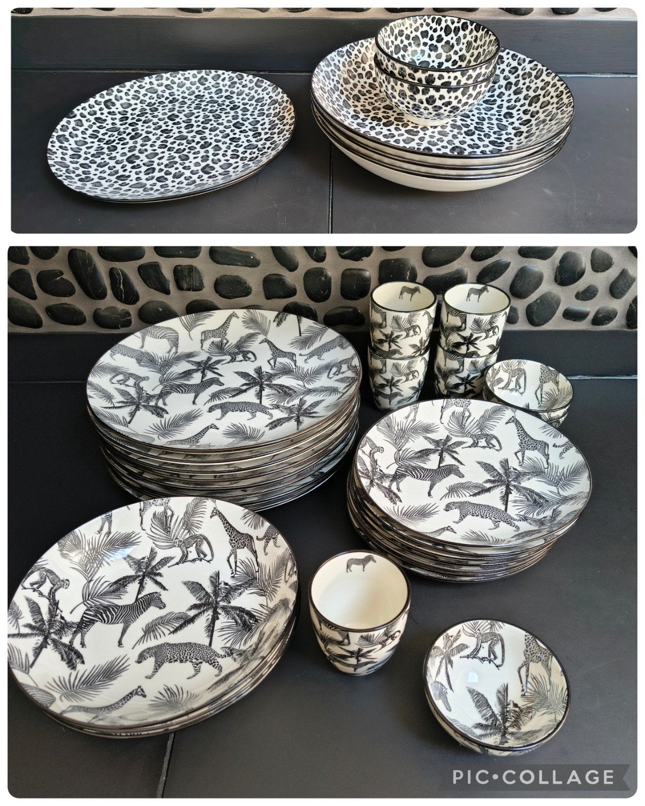 32 dlg Porselein servies zwart wit Jungle palmboom zgan, Ophalen of Verzenden