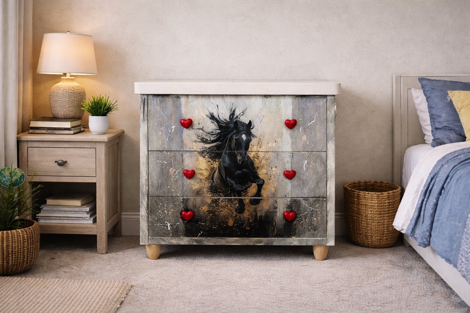Unieke upcycled ladekast met zwart paard, Ophalen, 25 tot 50 cm, Minder dan 100 cm
