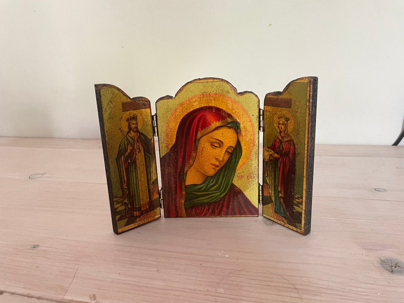 Antiek drieluik icoon - Madonna en heiligen, Ophalen of Verzenden