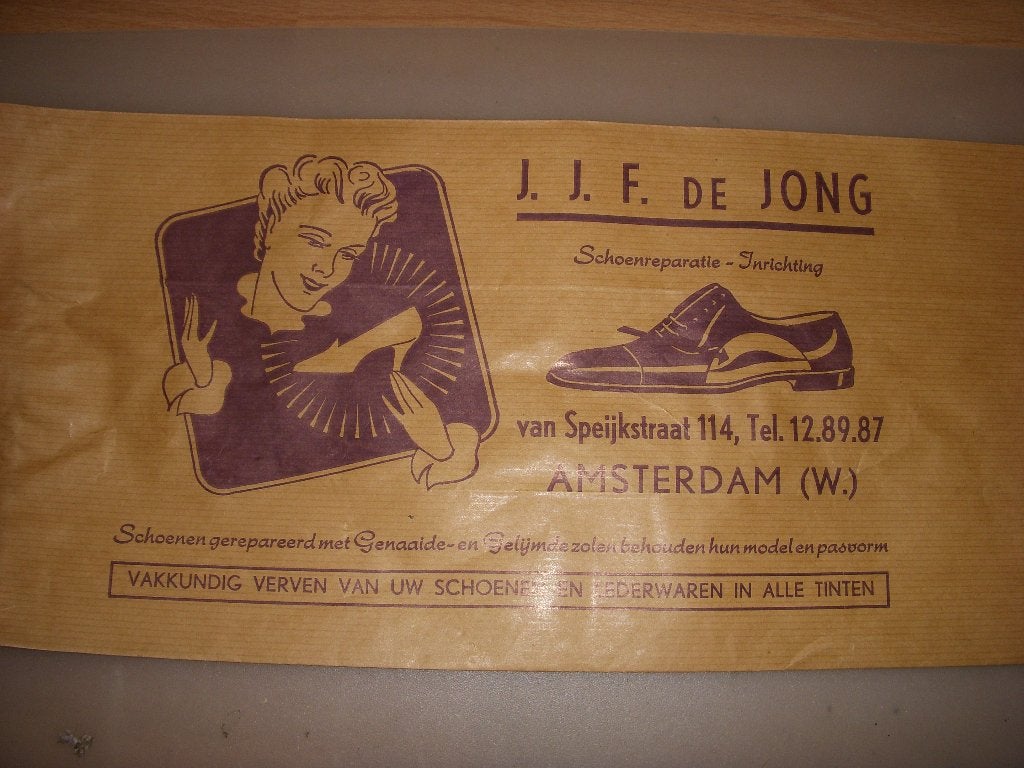 Papieren verpakking J.J.F De Jong schoenreparatie Amsterdam, Ophalen of Verzenden, Gebruikt, Verpakking