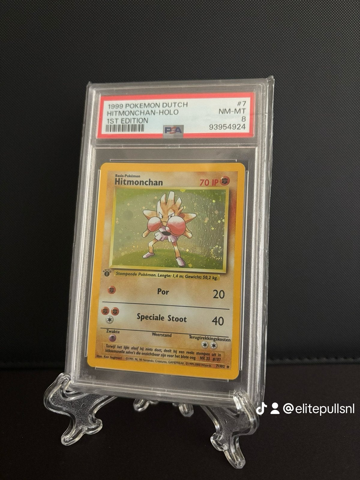 1999 Pokémon Dutch Hitmonchan Holo 1st Edition PSA 8, Ophalen of Verzenden, Zo goed als nieuw, Losse kaart, Foil
