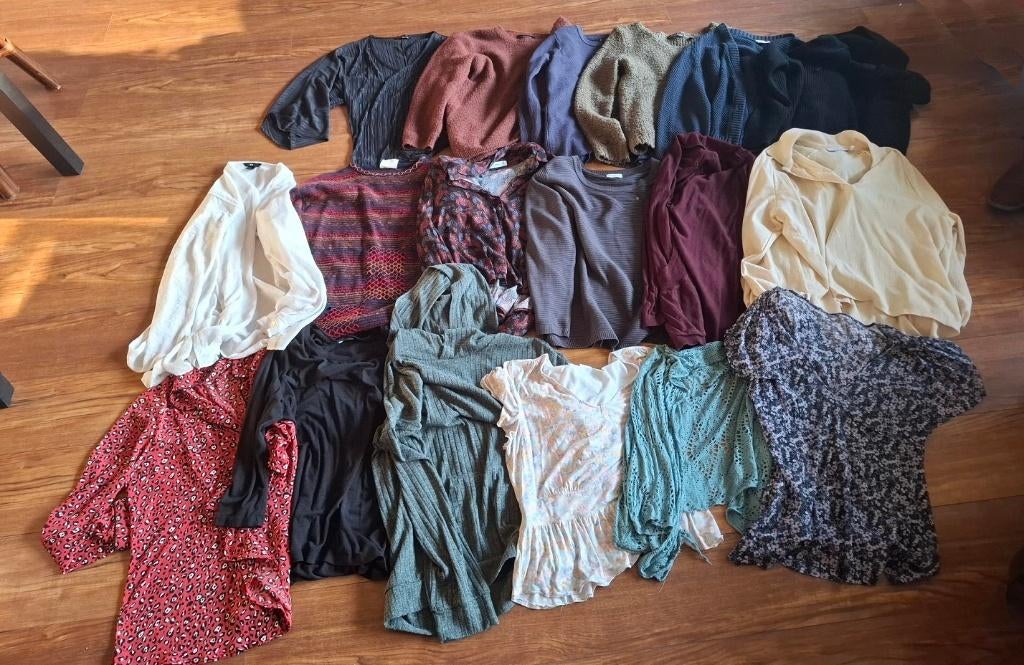 Tunieken, shirts, truien, 75 stuks voor 25 euro, maat L, Ophalen, Gedragen, Maat 42/44 (L), Overige kleuren
