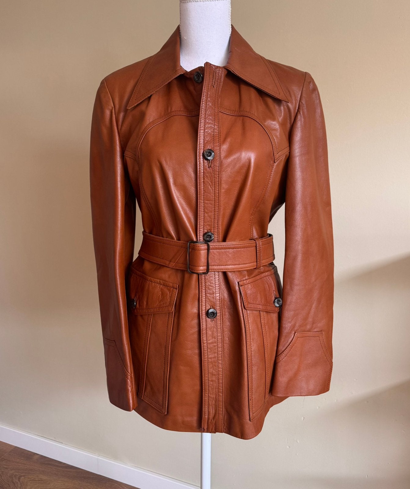 Retro Vintage 70s Cognac Leather Jacket Size M, Ophalen of Verzenden, Zo goed als nieuw, Maat 38/40 (M), Bruin