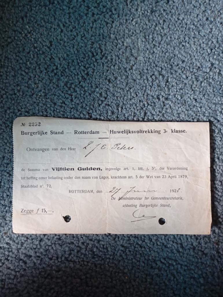 Vintage Burgerlijke stand Rotterdam Document 1923, Ophalen of Verzenden