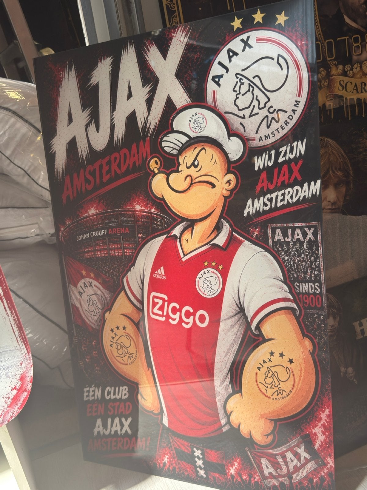 Ajax op plexiglas - Popeye in Ajax-tenue, Ophalen of Verzenden, Nieuw, 50 tot 75 cm, Print