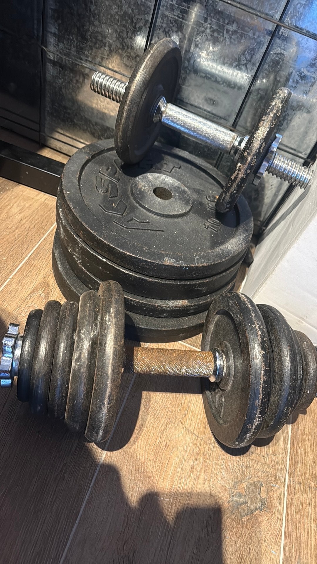 Dumbelss met gewichten halter/ bench en squatrek fitness, Ophalen of Verzenden, Zo goed als nieuw, Dumbbell