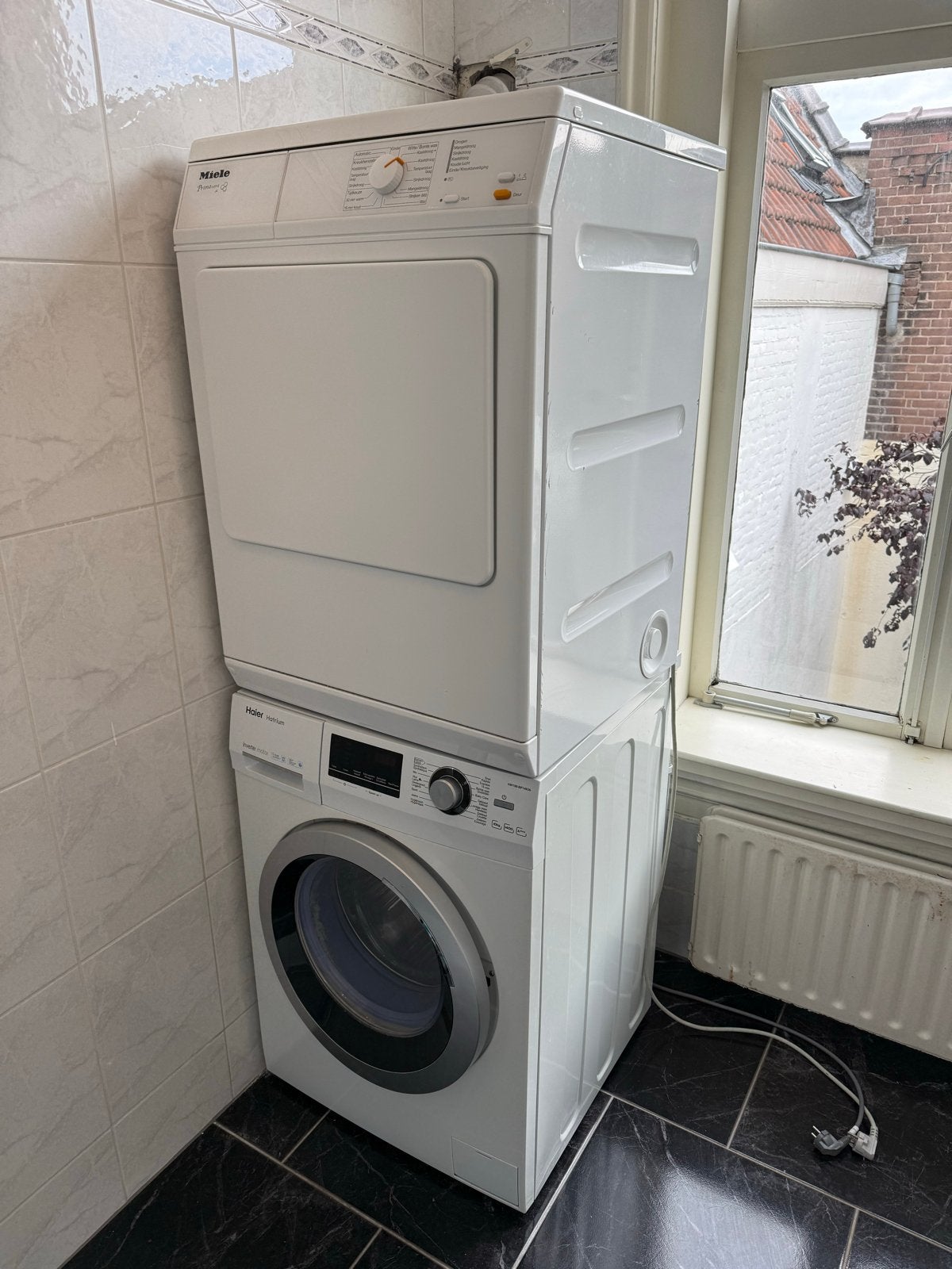 Miele wasdroger en Haier wasmachine set, 8 tot 10 kg, Ophalen, Gebruikt, 95 cm of meer
