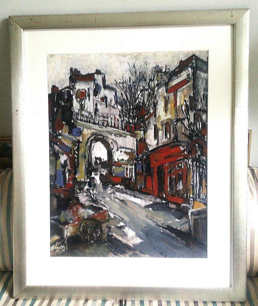 Stadsgezicht verm. Parijs '90 - Jelle Hoogstra (1924-2003), Gouache, Expressionistisch, Ophalen of Verzenden, Origineel werk