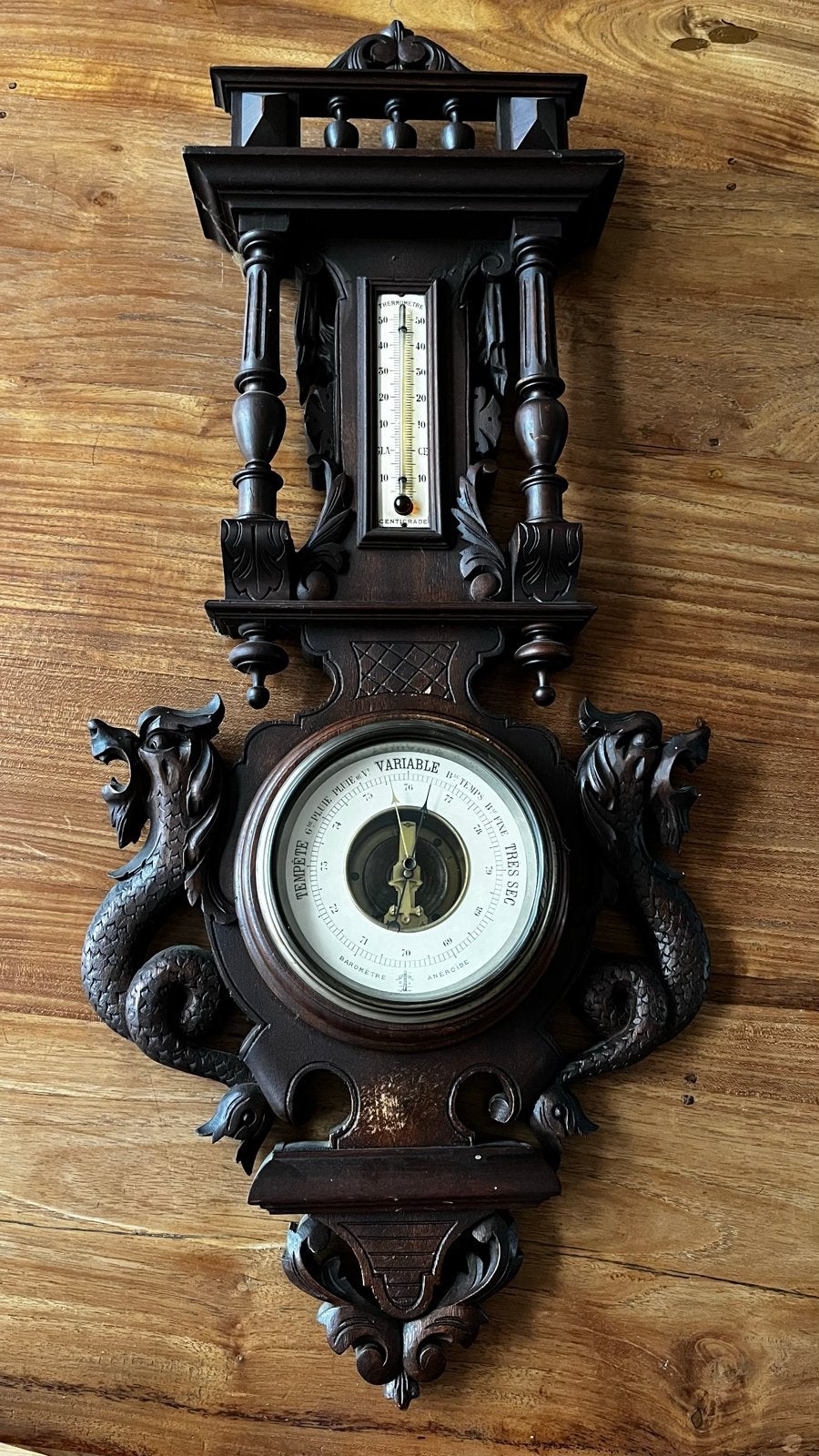 Antieke Barometer met Thermometer en Drakenhoutsnijwerk, Ophalen, Gebruikt, Barometer