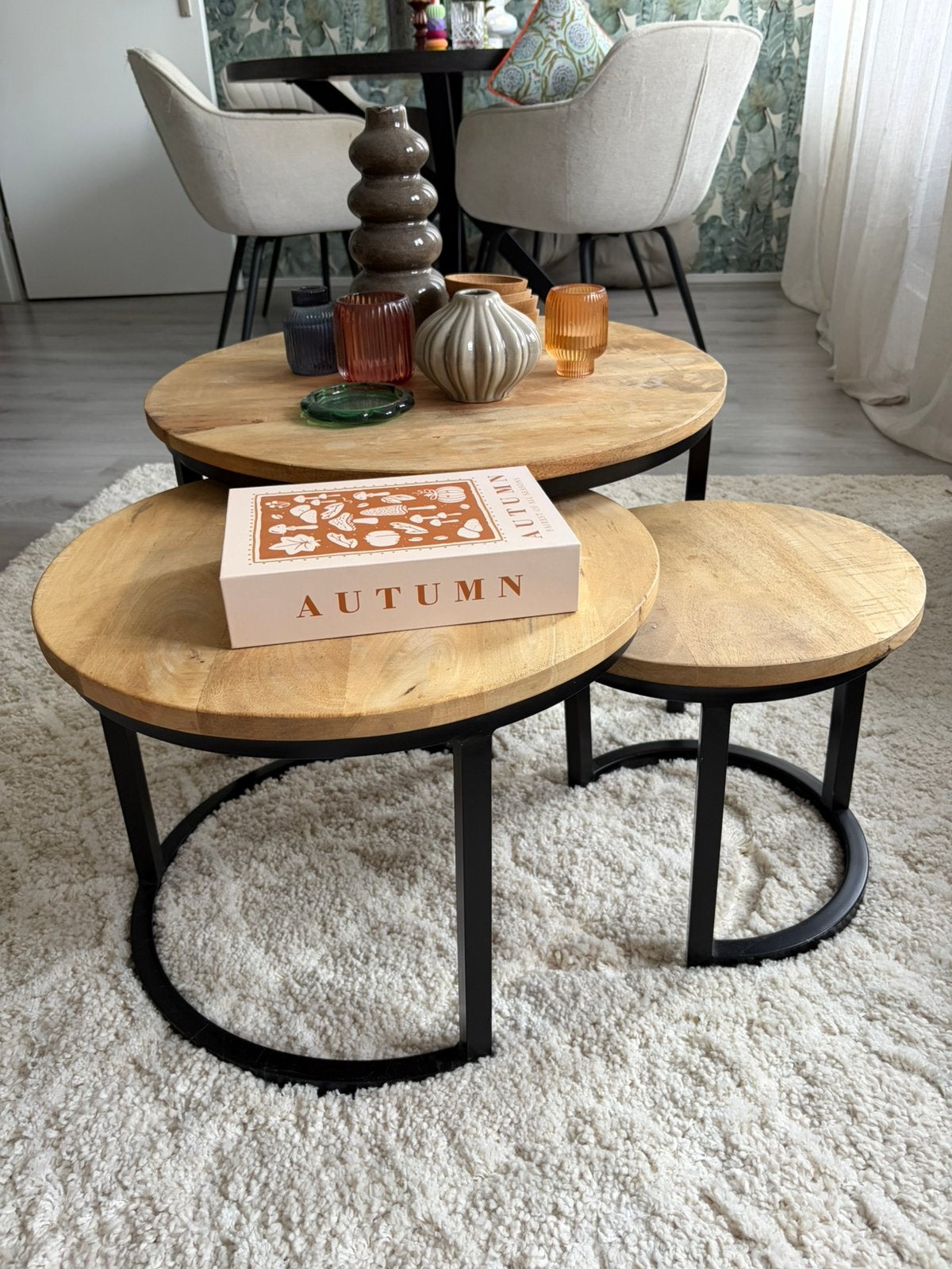 Salontafel set mangohout, Huis en Inrichting, Ophalen, Rond, 50 tot 100 cm, Zo goed als nieuw