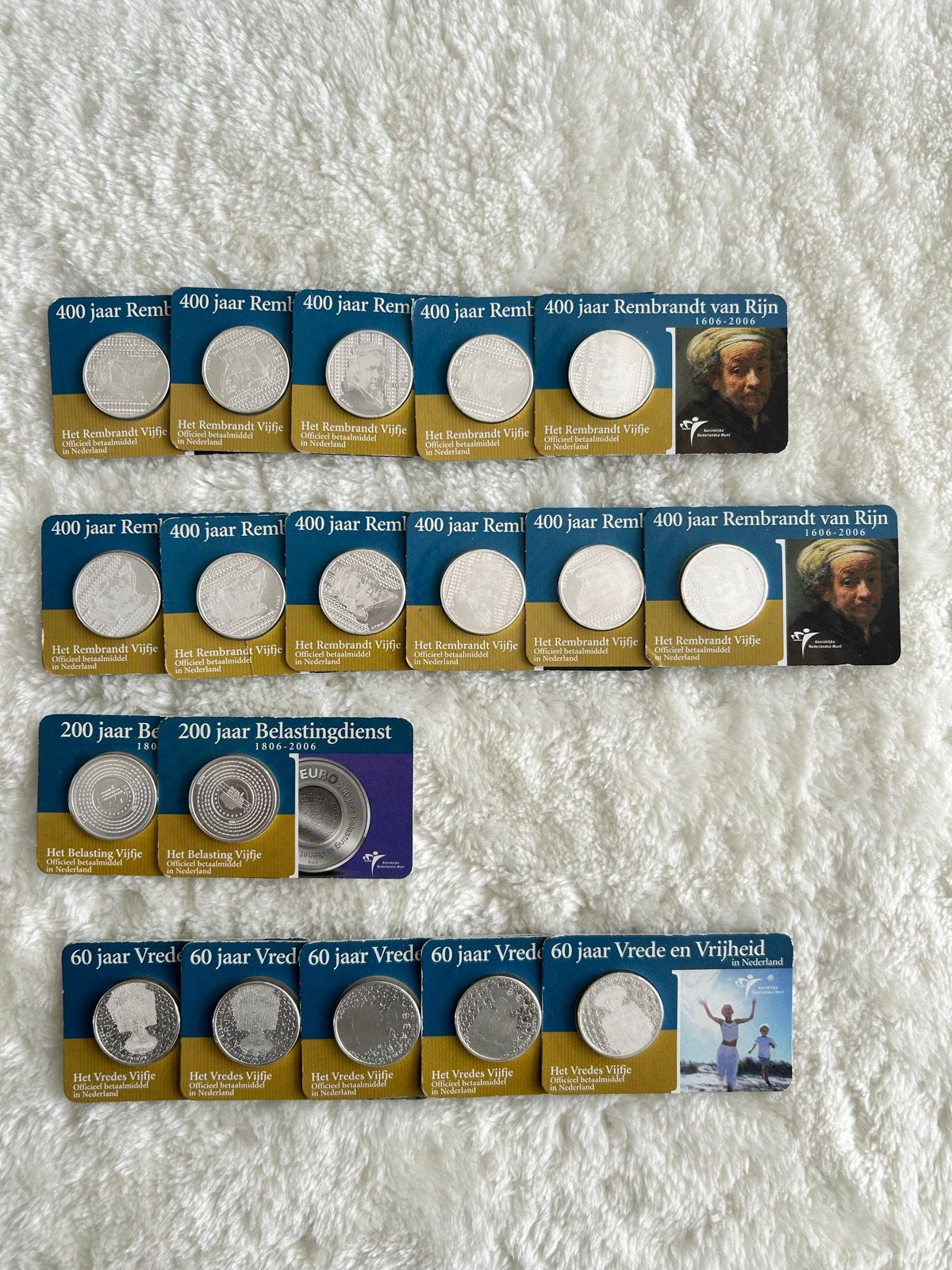 18 Zilveren Coincards: Rembrandt, Belastingdienst, Vrede, Setje, Koningin Beatrix, Zilver, Overige waardes