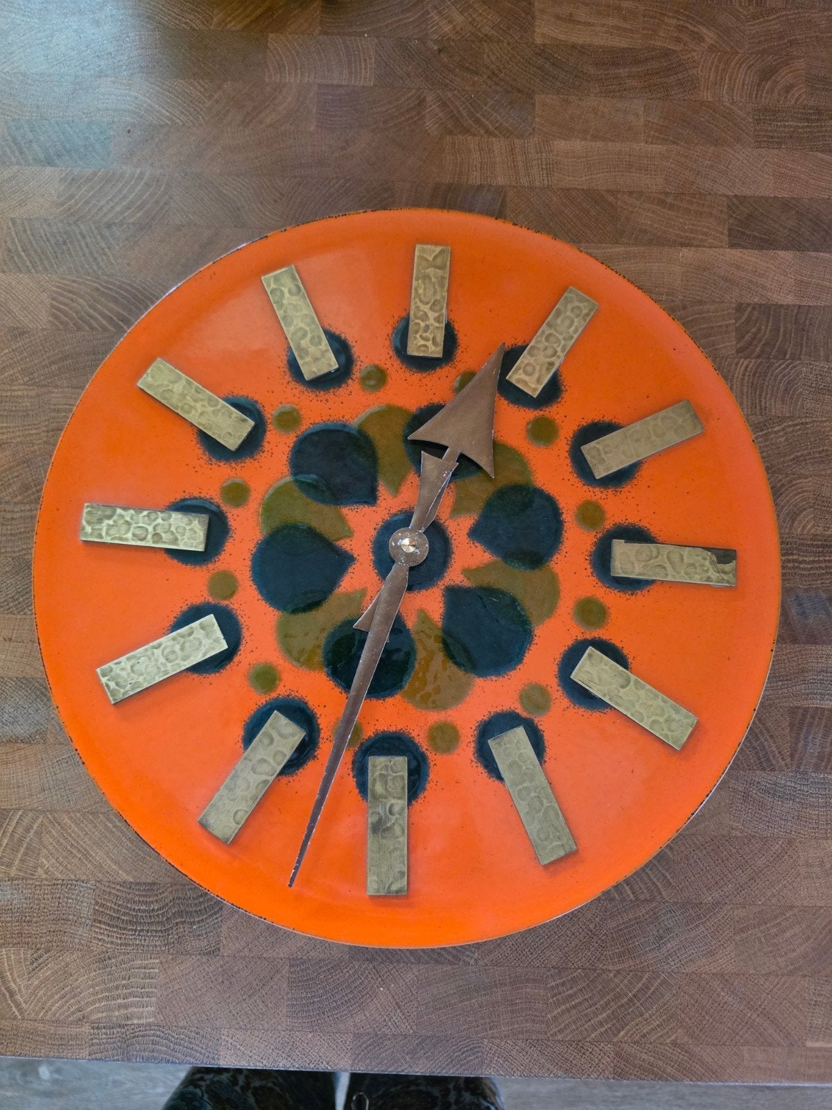 Vintage keramische wandklok, oranje, 30cm doorsnee, Ophalen