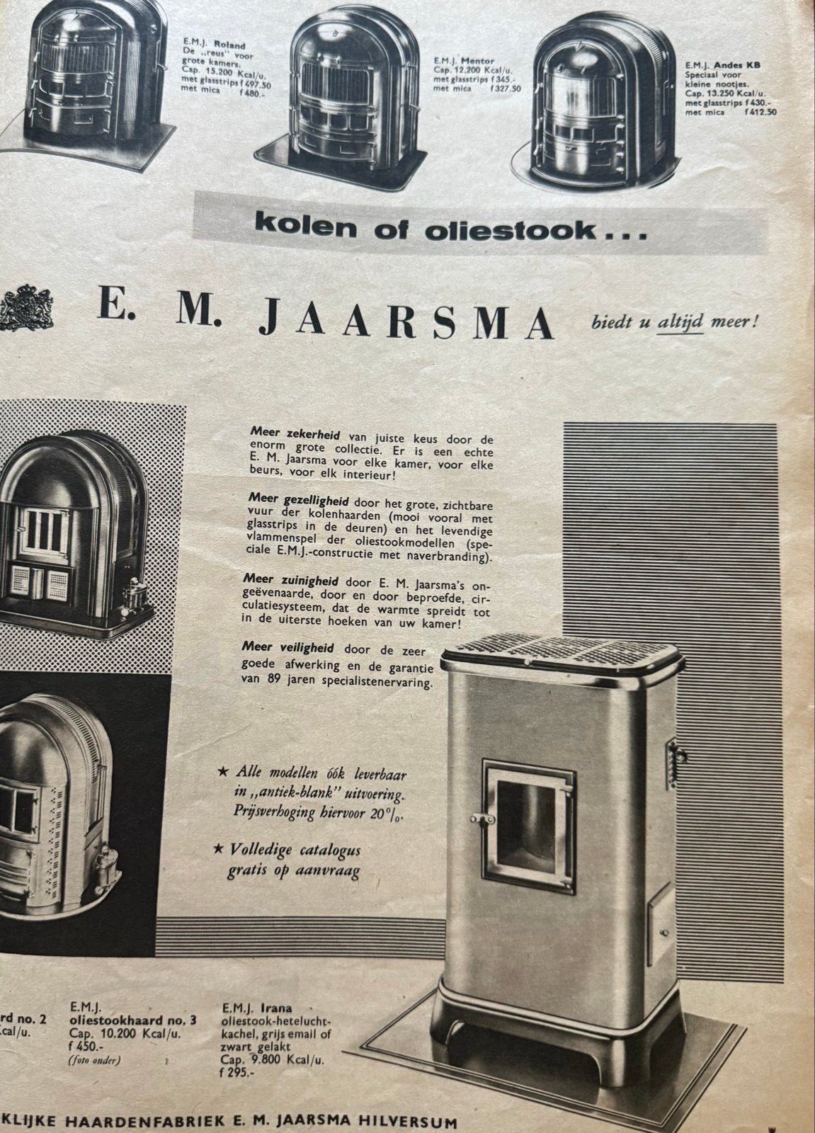 Oude advertentie Jaarsma kolen en olie kachels Hilversum, Ophalen of Verzenden