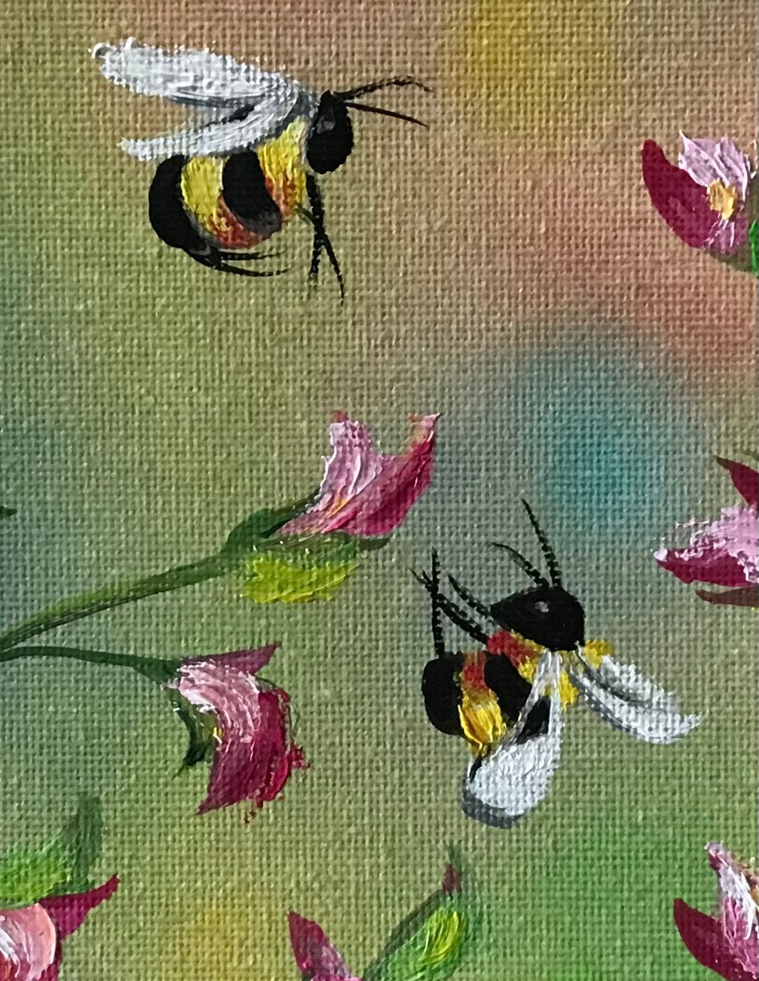 Schilderijtje 'Bezige bijtjes' - Gesigneerd, 20x20 cm, Ophalen of Verzenden, Dieren, Textiel, Gesigneerd