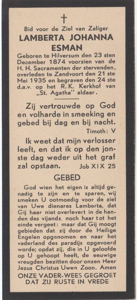 Lamberta J. Esman 1874 Hilversum + 1935 Zantvoort, 60 jaar, Verzenden
