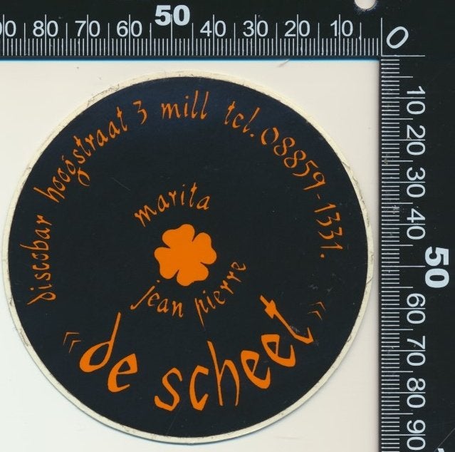 Sticker: Discobar De Scheet - Mill, Ophalen of Verzenden, Zo goed als nieuw, Bedrijf of Vereniging