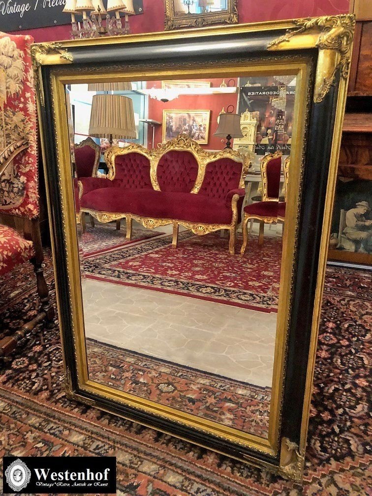 Groot spiegel klassiek / antieke barok goud, zwarte lijst, Ophalen, Rechthoekig
