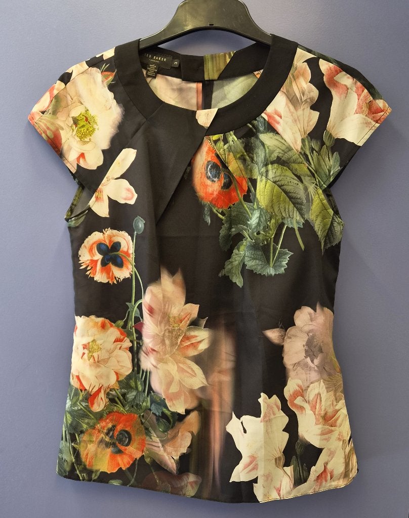 Ted Baker London blouse bloemenprint | Mt 3 (M) | zgan 51886, Maat 38/40 (M), Meerkleurig, Ophalen of Verzenden, Korte mouw