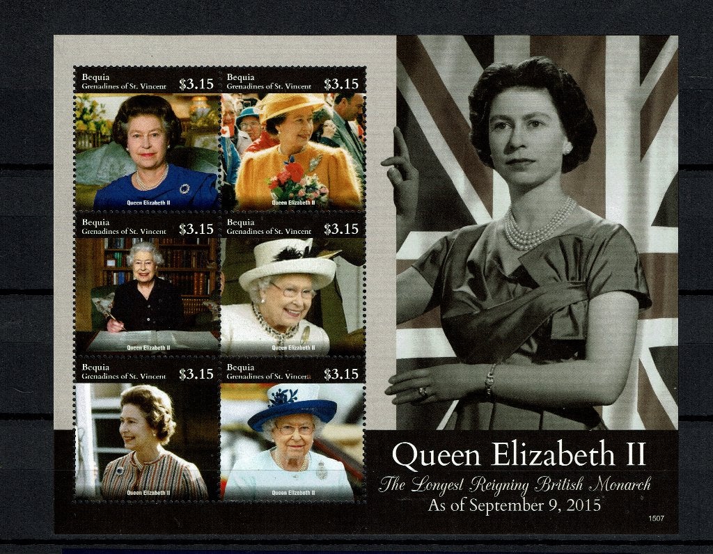 bequia 2015 pf blok queen elizabeth royalty koningshuis, Ophalen of Verzenden, Postfris, Koningshuis