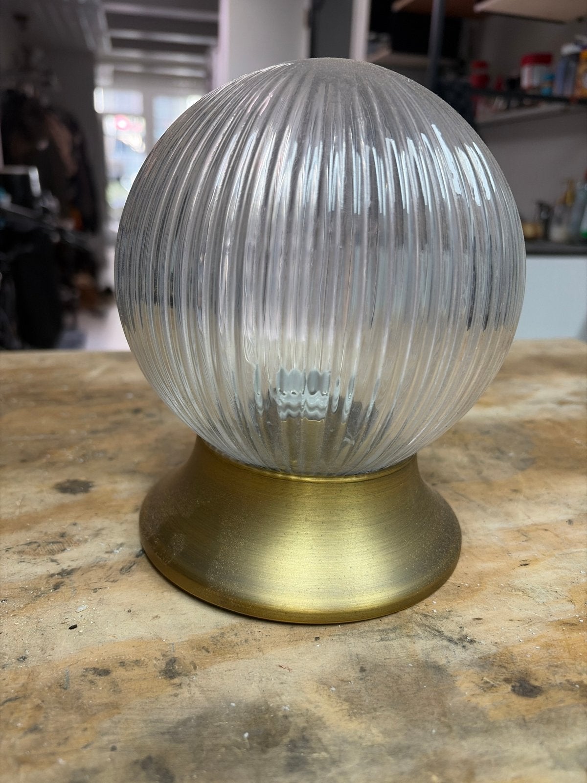 Plafondlamp glas, bolvormig, geribbeld, Ophalen of Verzenden, Gebruikt, Glas, Plafondlamp