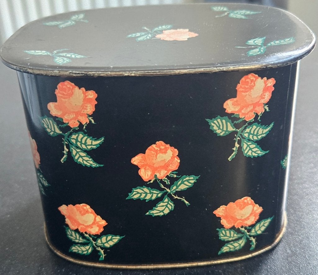 Vintage Tomado blik – Zwart met rozenmotief (Jaren '50/'60), Verzamelen, Ophalen of Verzenden, Gebruikt, Overige, Overige merken