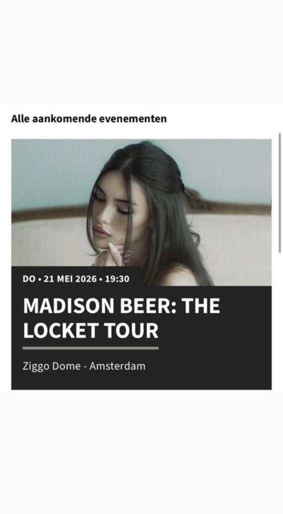 3 zitplaatsen Madison Beer vak 109 rij 8 mag voor weinig weg, Tickets en Kaartjes, Drie personen of meer