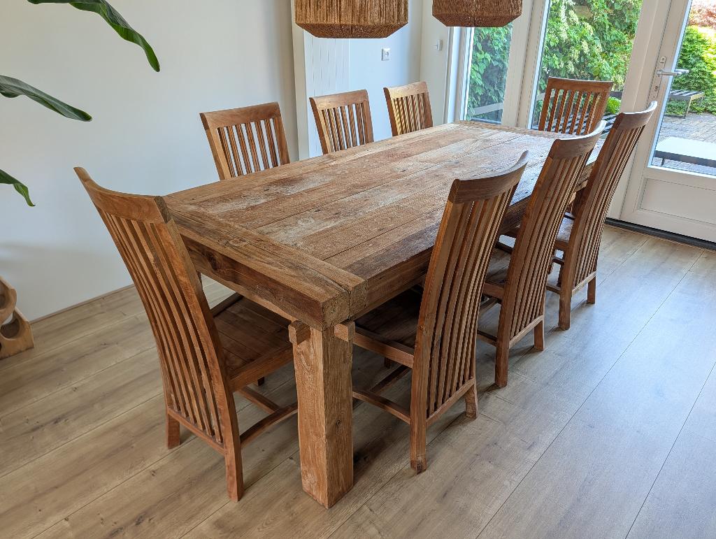 Teak houten eettafel met 4-8 stoelen, Ophalen, Gebruikt, Teakhout, 200 cm of meer