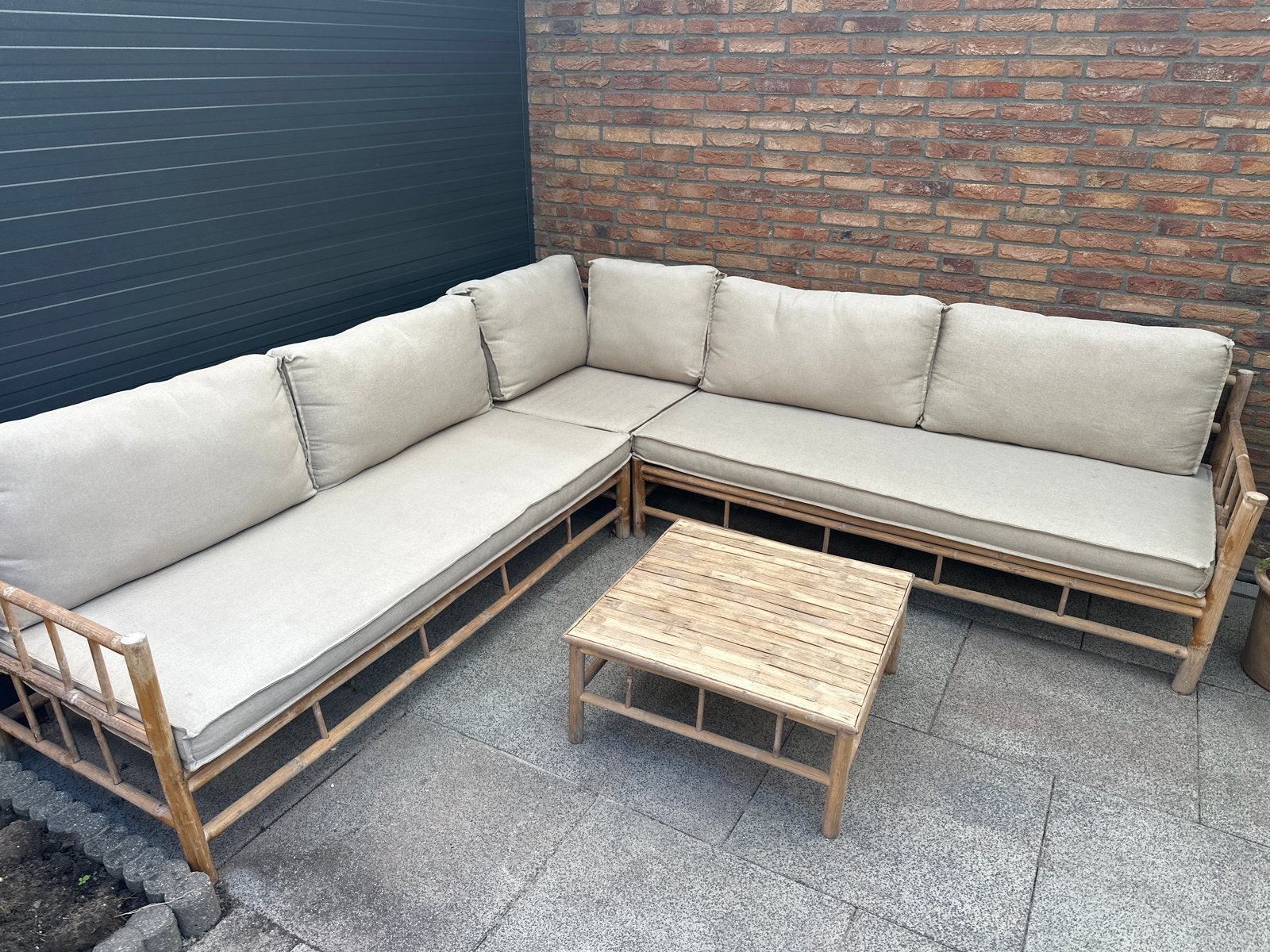 Comfortabele bamboe loungeset met salontafel, Tuin en Terras, Tuinsets en Loungesets, Ophalen, Gebruikt, Meer dan 8 zitplaatsen