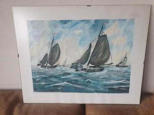 Aquarel 2 platbodems op zee gesigneerd MV, Antiek en Kunst, Kunst | Schilderijen | Klassiek, Ophalen