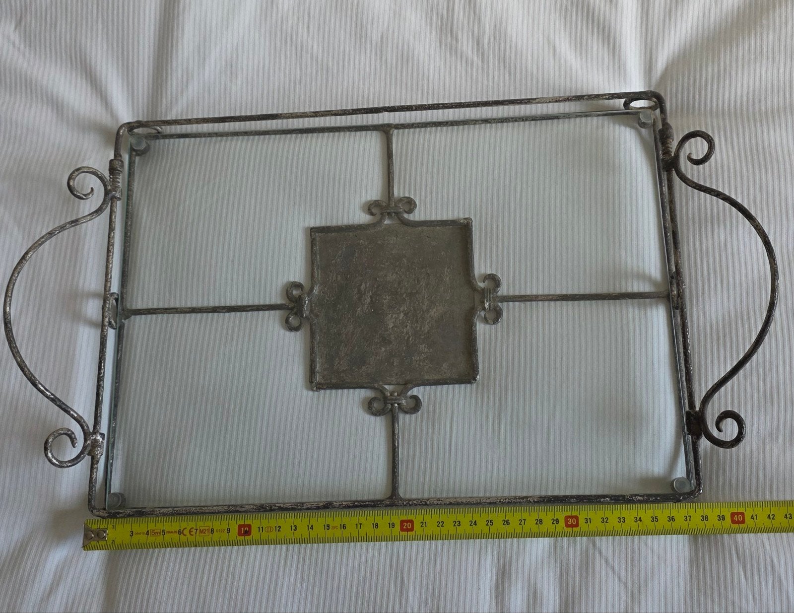Dienblad met glasplaat 38x26 cm handvaten en pootjes, Antiek en Kunst, Ophalen of Verzenden