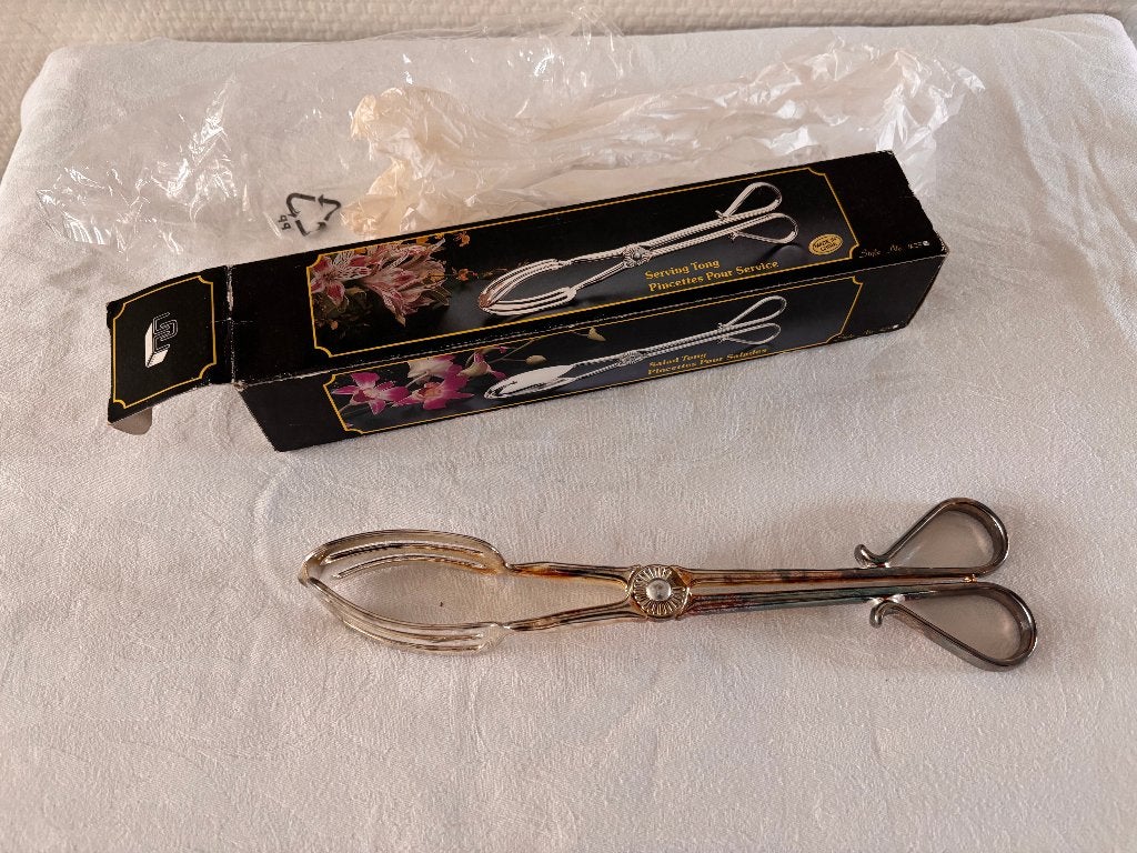 Vintage verzilverde serveertang / caketang in doos., Antiek en Kunst, Ophalen of Verzenden