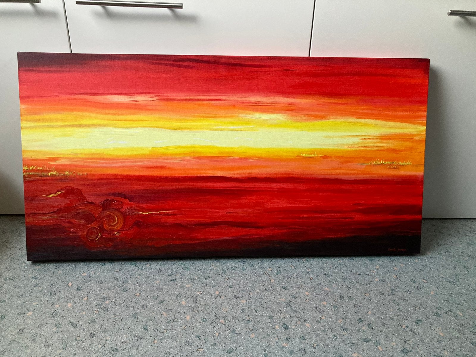 Mooi abstract schilderij rood geel vloeiend in elkaar over, Ophalen