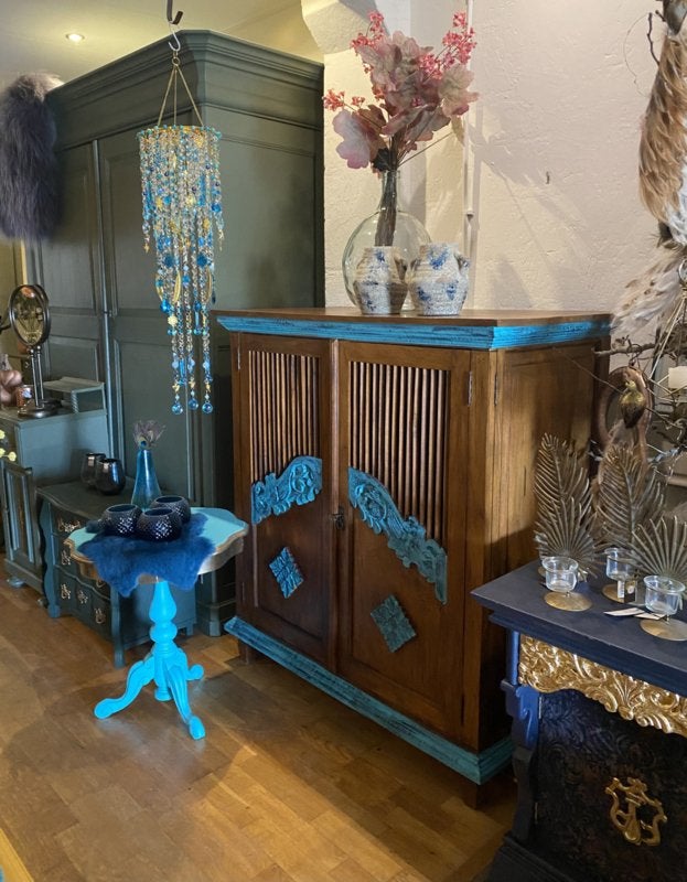 Boho kast vintage Ibiza servieskast, turquoise kastje VdlM, Ophalen, Bohemian spijlenkast tv audio meubel dubbel scharnier uniek